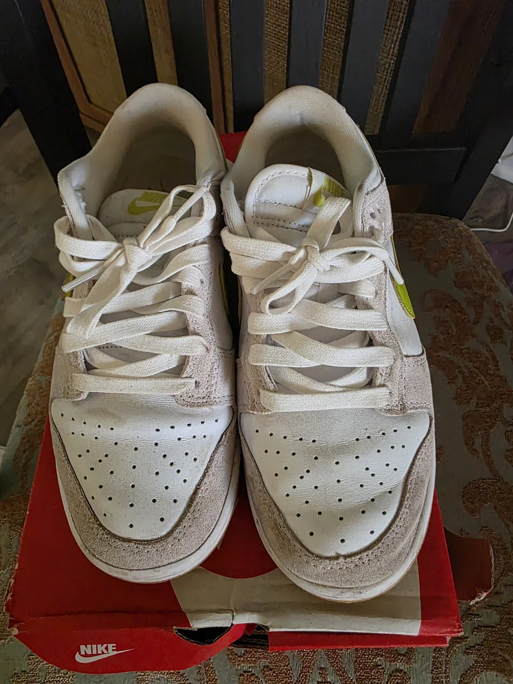Nike Kids' Dunk Low Sneakers - White with Lime Swoosh